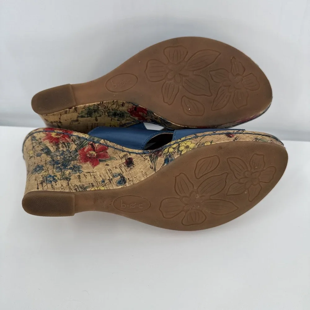 Born Casaba C34104 Blue Leather Floral Slip Womens Cork Wedge - Size 8M - Picture 10 of 11